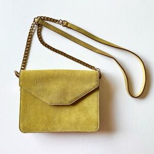 Ann Taylor Crossbody Shoulder Envelope Purse Bag Yellow Lime Suede Gold Hardware